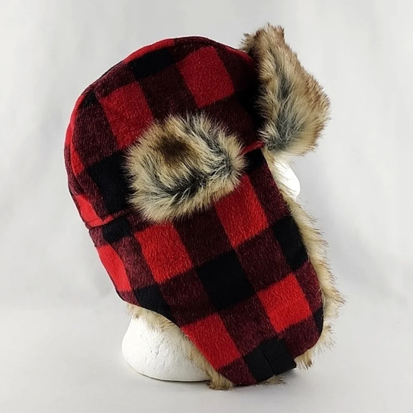 Old Navy Red Black Cherckered Trapper Winter Hat Faux Fur Size L - XL - Picture 3 of 10